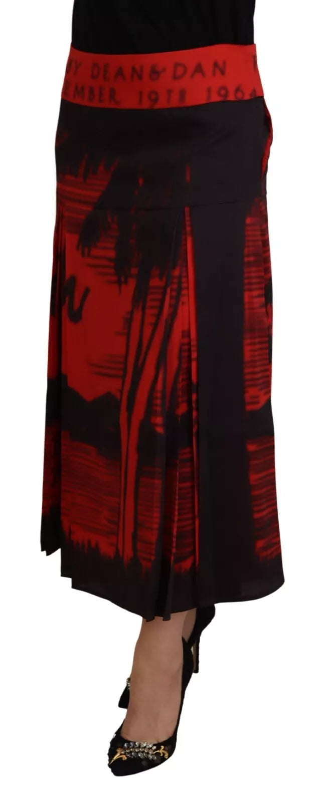 Rode geplooide midi-rok met hoge taille en A-lijn print