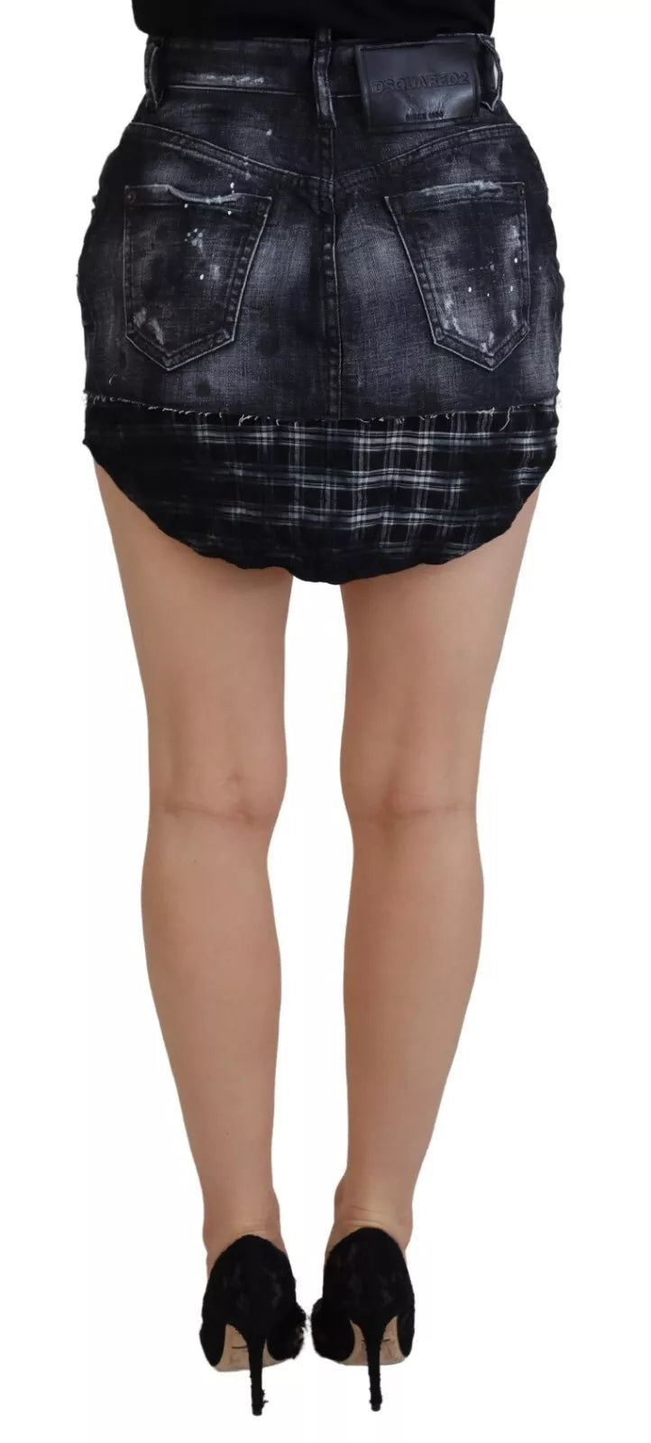 Zwarte geruite hoge taille A-lijn denim minirok