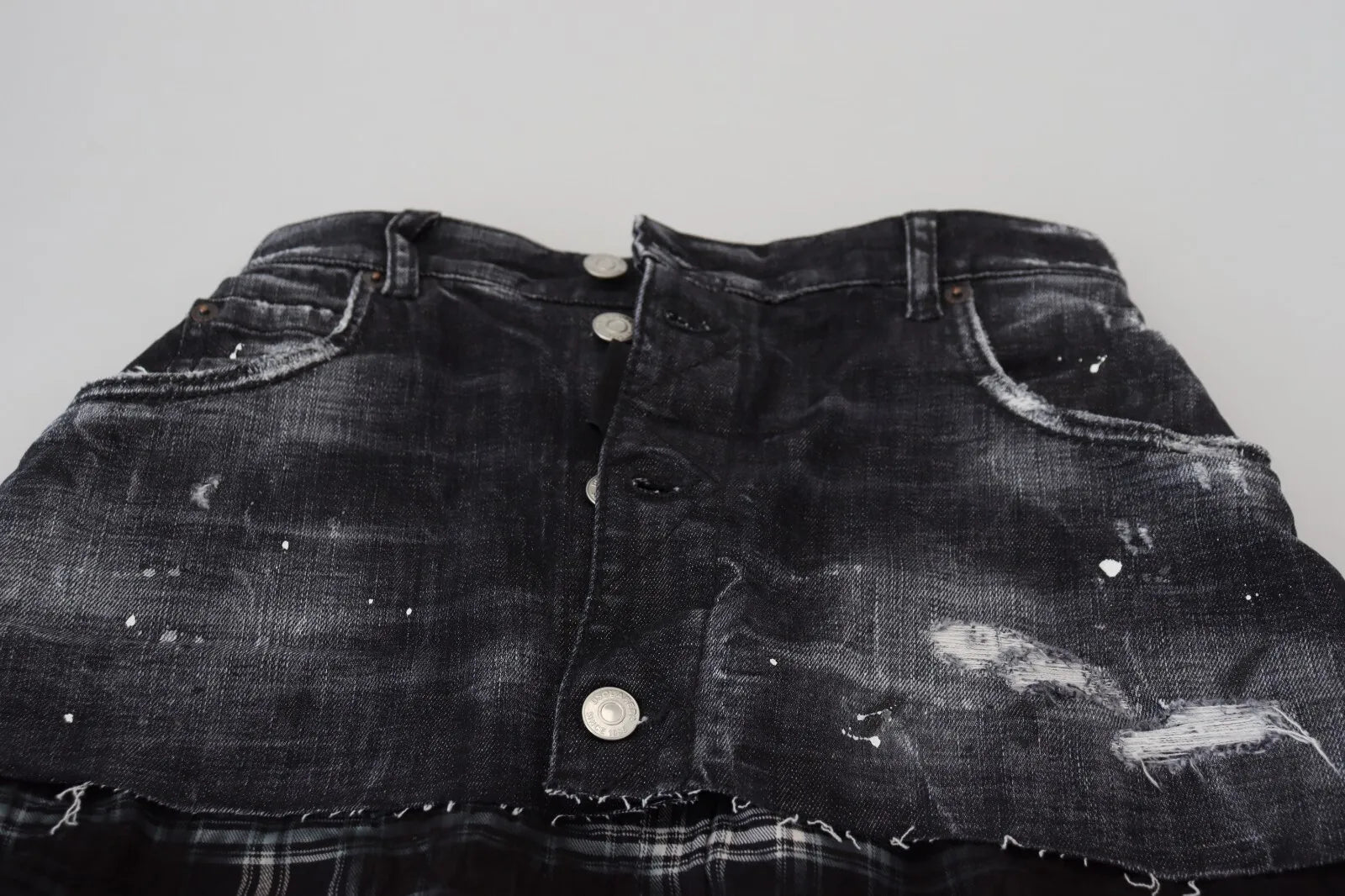 Zwarte geruite hoge taille A-lijn denim minirok