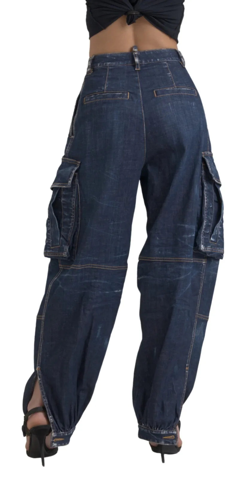 Blauwe katoenen cargo baggy denim jeans met hoge taille