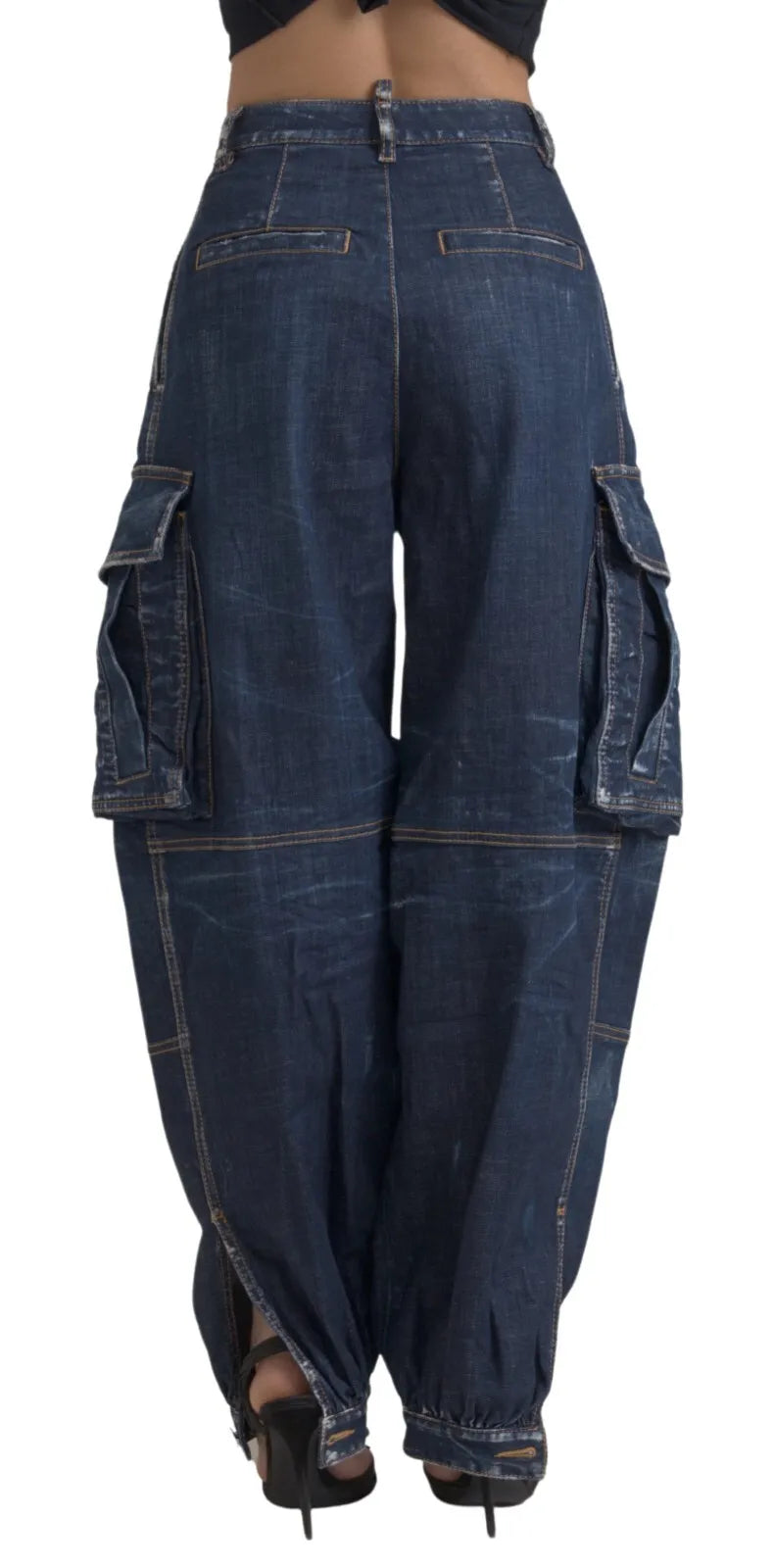 Blauwe katoenen cargo baggy denim jeans met hoge taille