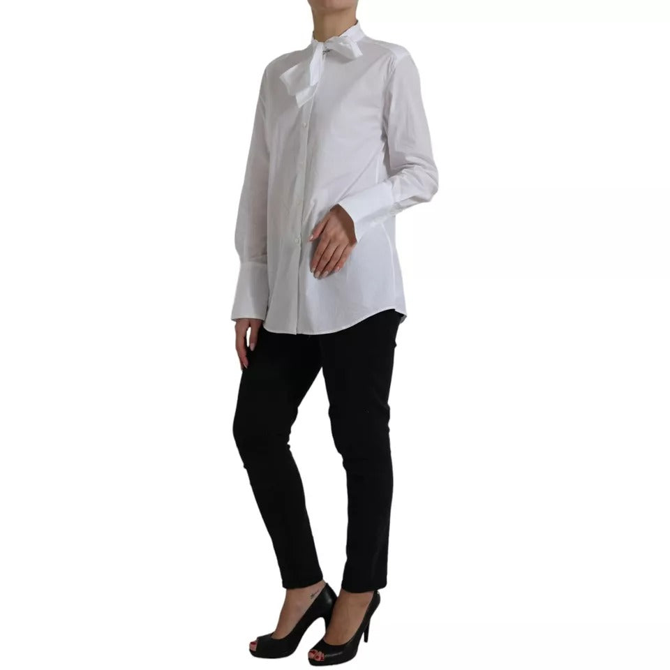 Witte katoenen Ascot-kraag top met lange mouwen