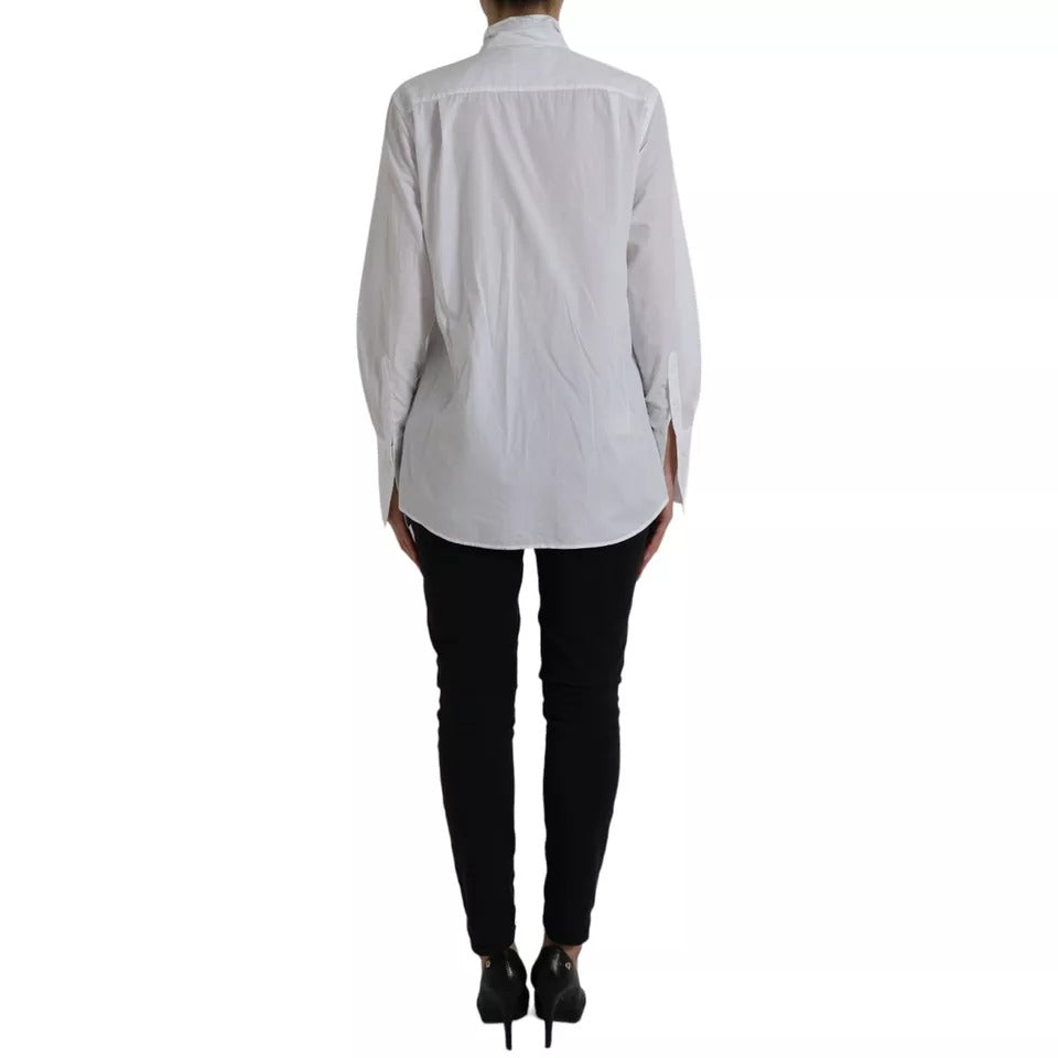 Witte katoenen Ascot-kraag top met lange mouwen