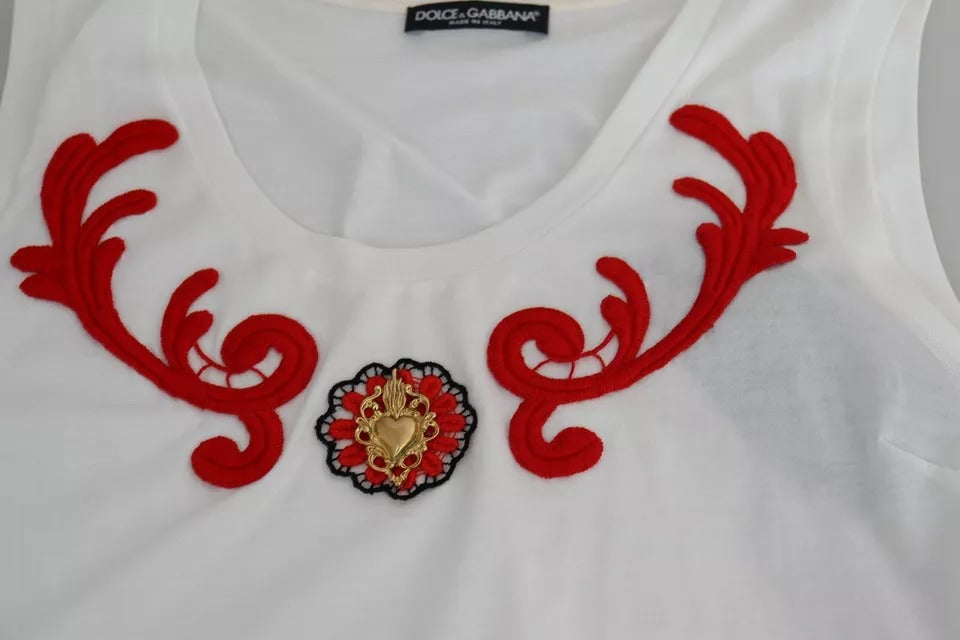 Witte katoenen mouwloze tanktop met hartjesapplicatie