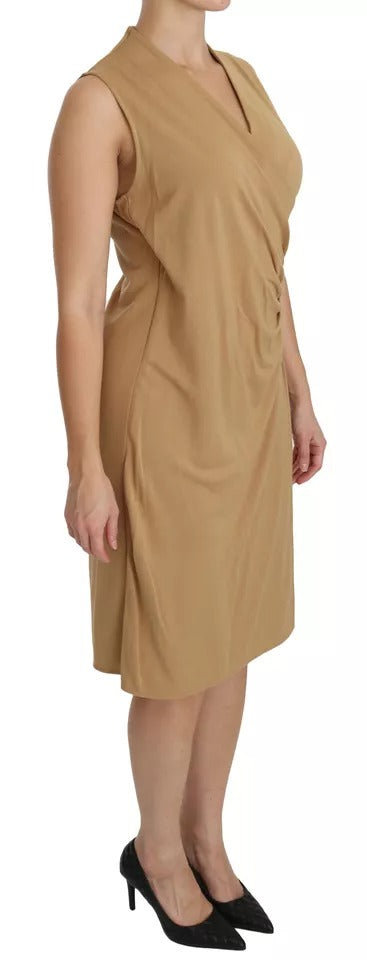 Bruine V-hals shift knielange viscose jurk