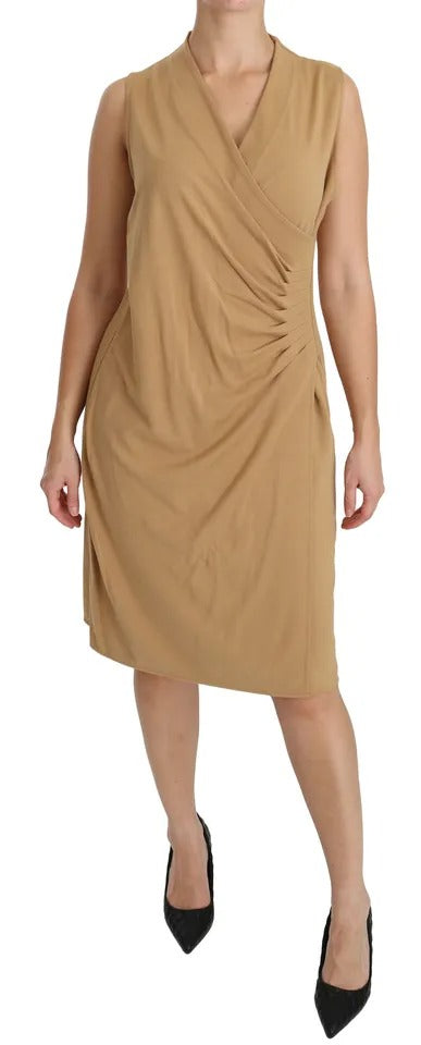 Bruine V-hals shift knielange viscose jurk