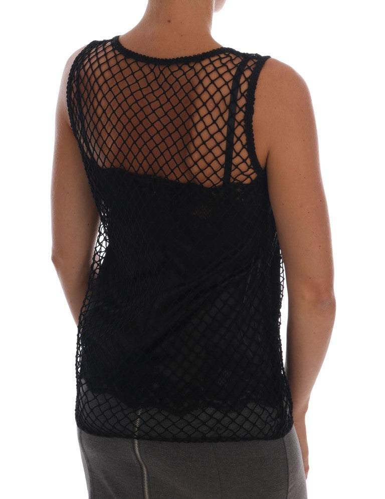 Zwarte zijden mesh bloemenkant top