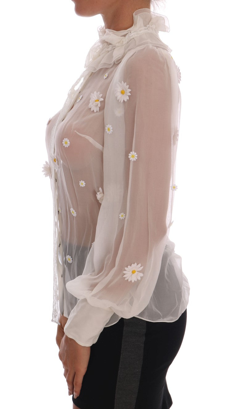 Witte zijden blouse met madeliefjesapplicatie