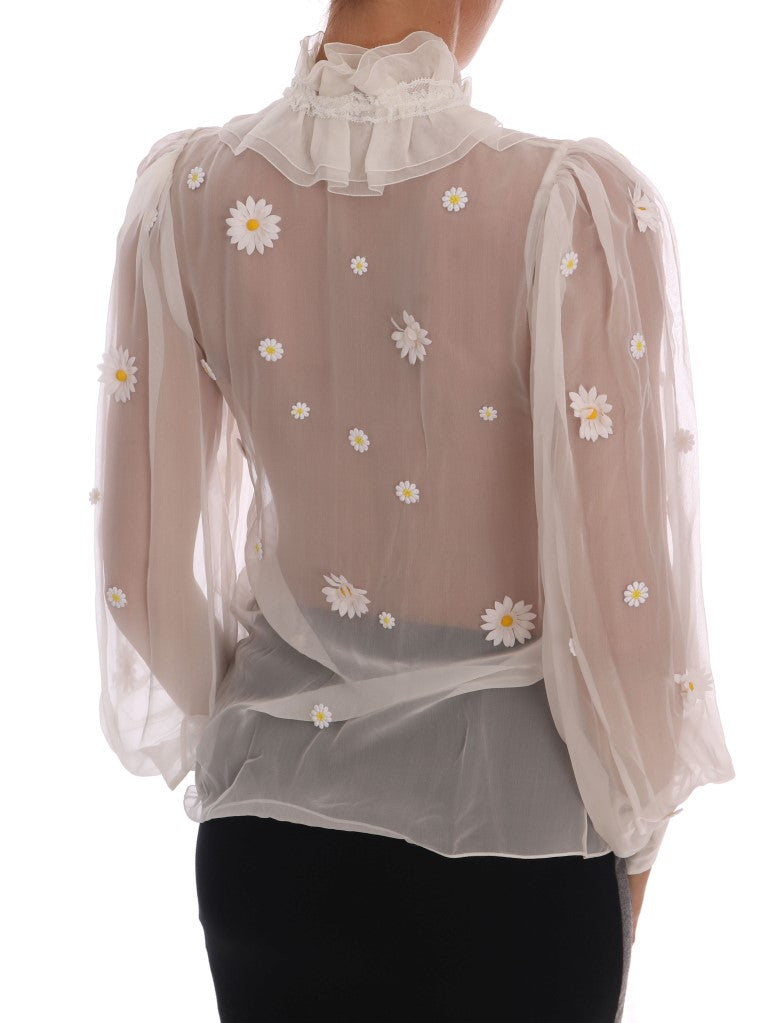 Witte zijden blouse met madeliefjesapplicatie