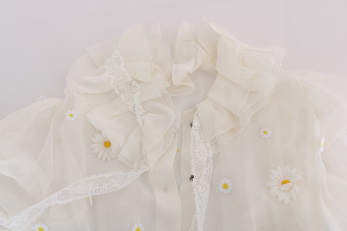 Witte zijden blouse met madeliefjesapplicatie
