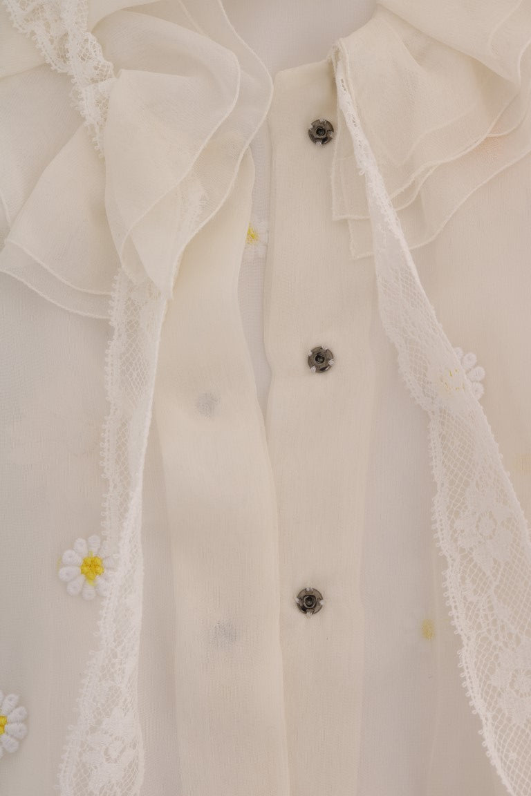 Witte zijden blouse met madeliefjesapplicatie