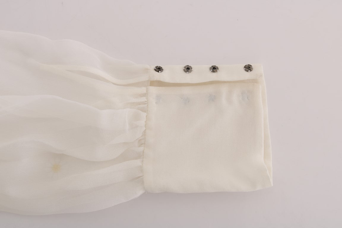 Witte zijden blouse met madeliefjesapplicatie