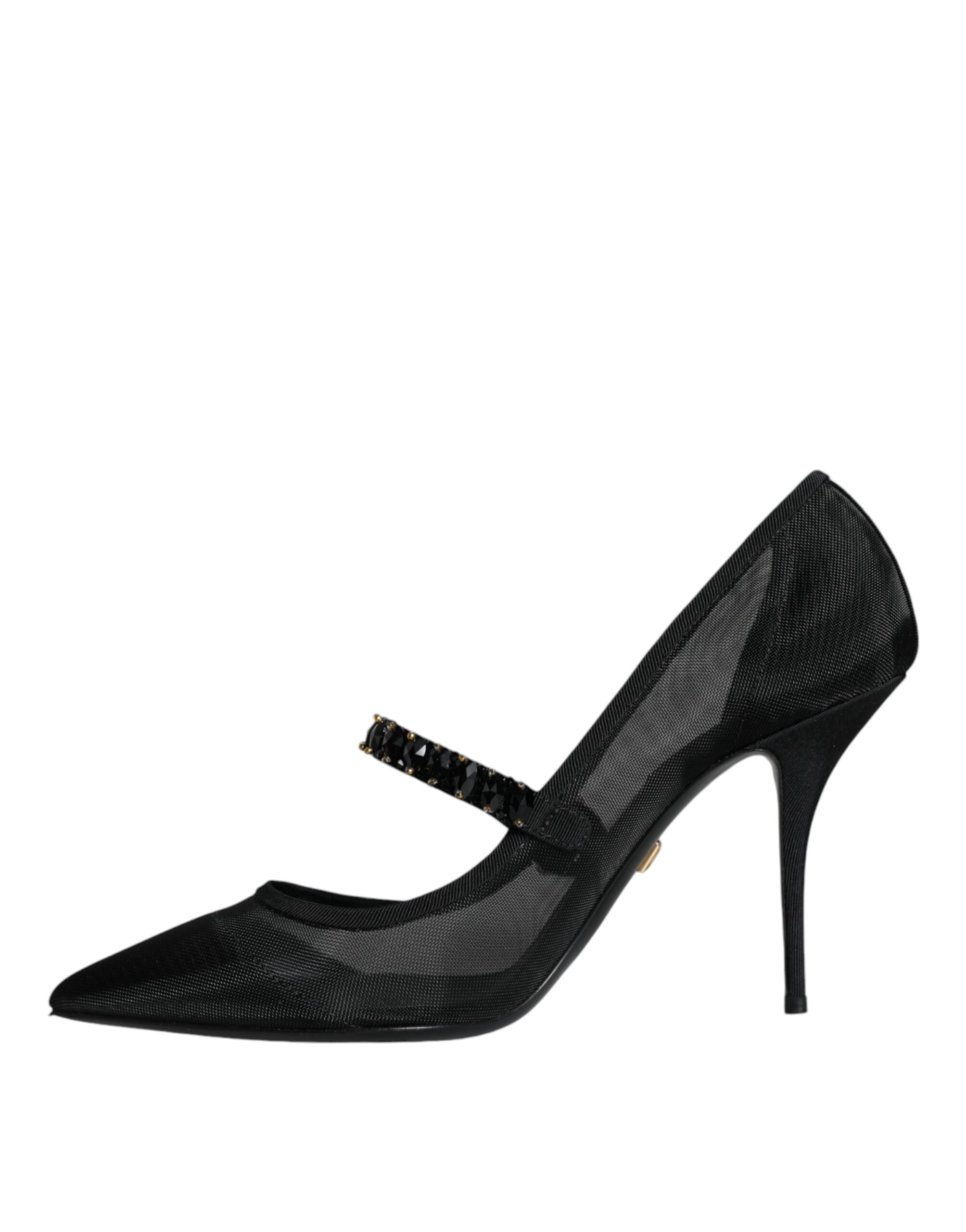 Zwarte mesh Mary Jane kristallen hak pumps schoenen