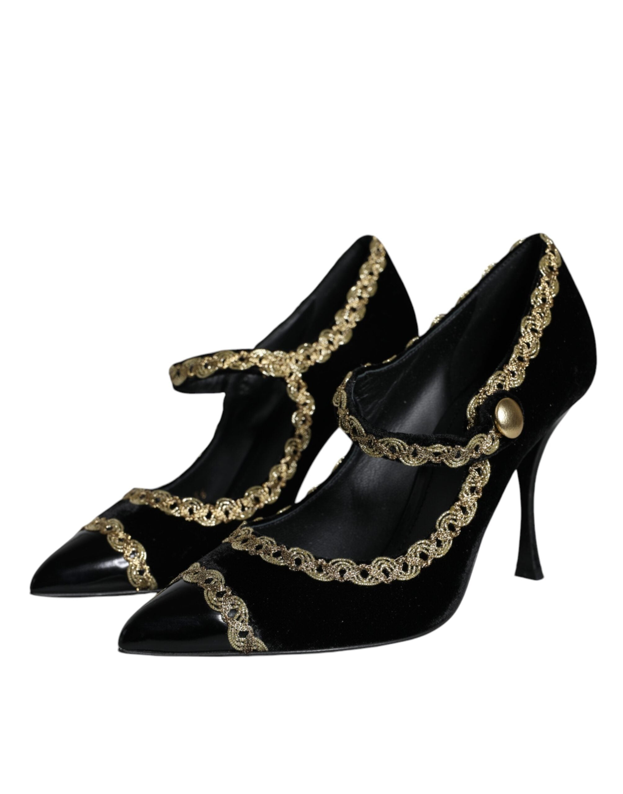 Zwarte Mary Janes fluwelen gouden pumps