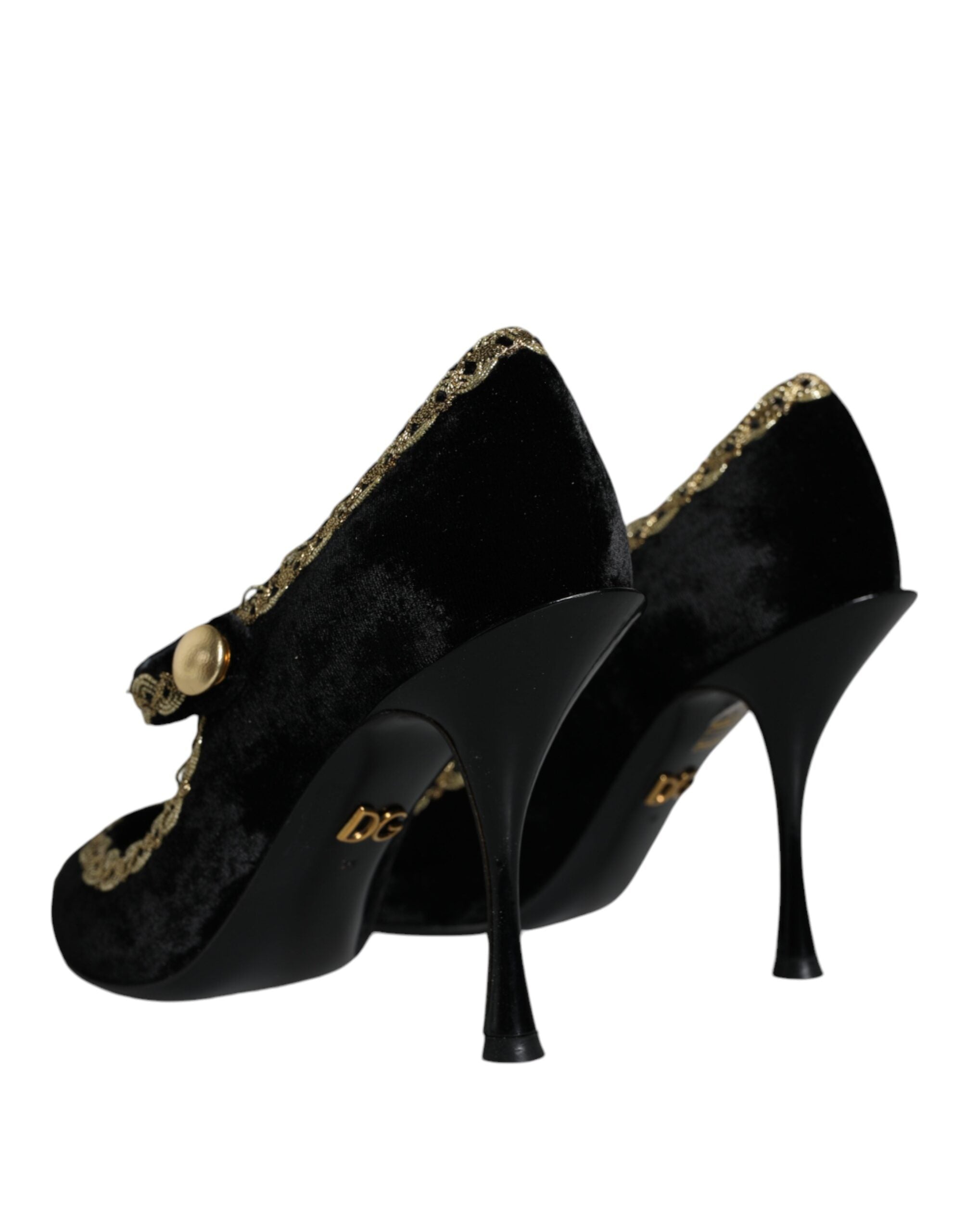Zwarte Mary Janes fluwelen gouden pumps