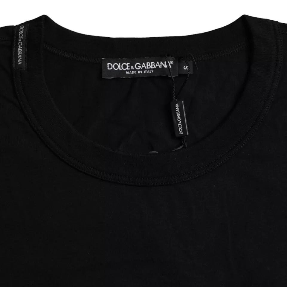 Zwart katoenen T-shirt met ronde hals en logo-reliëf