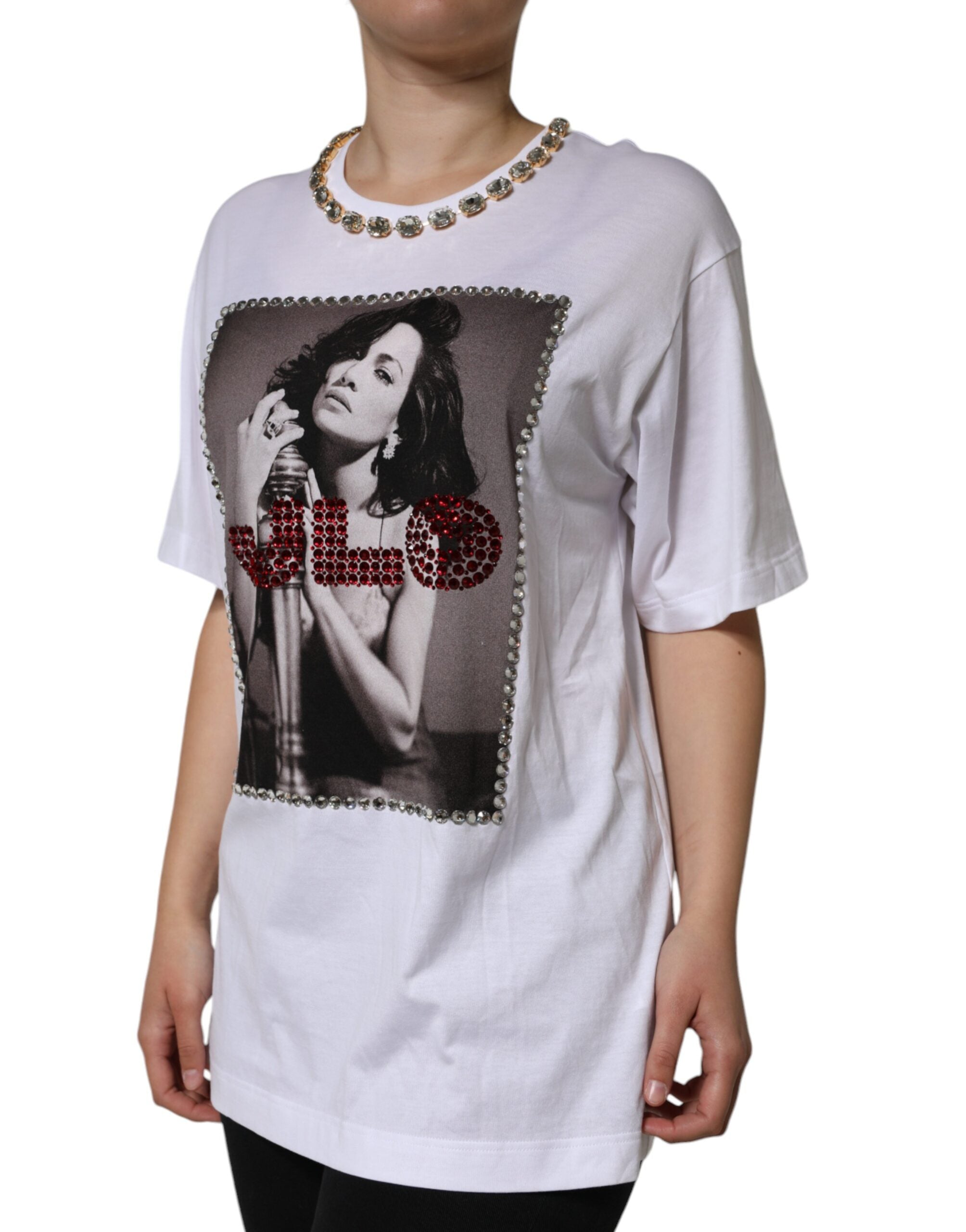 Wit T-shirt met kristallen halslijn en print