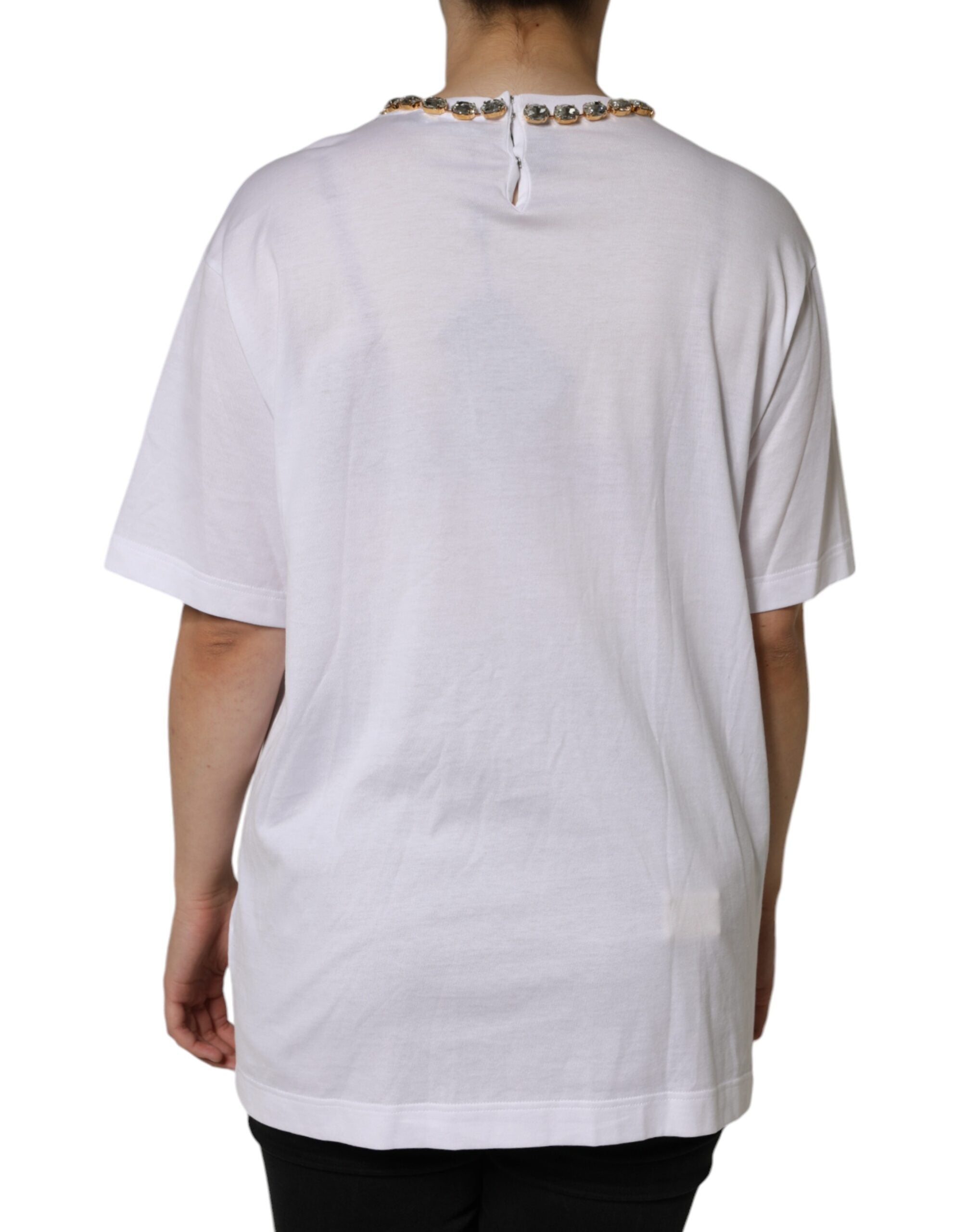 Wit T-shirt met kristallen halslijn en print