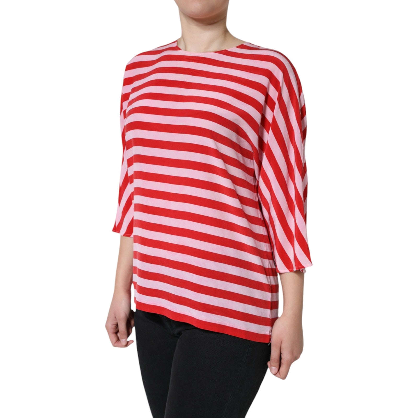 Wit rood gestreept zijden T-shirt met ronde hals