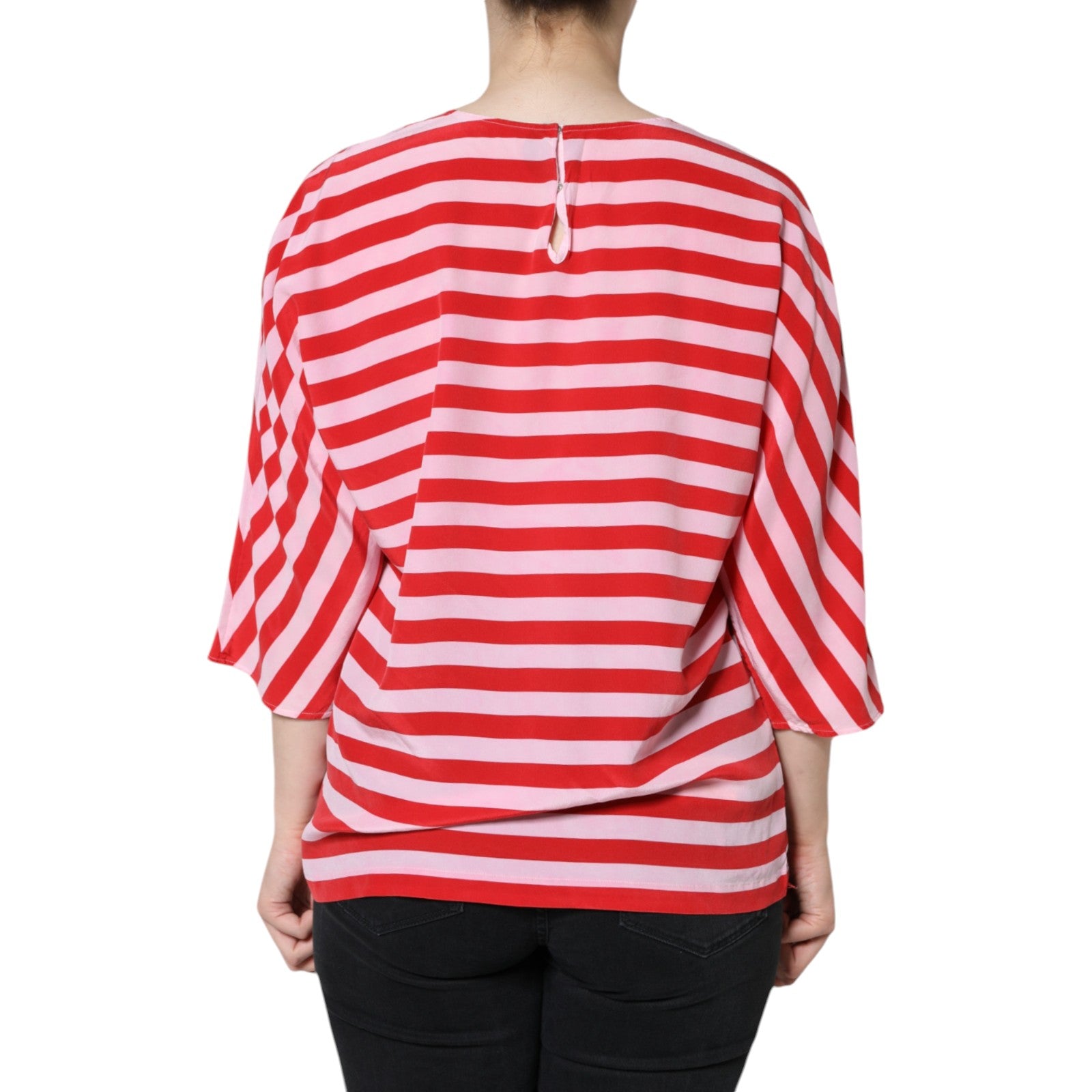 Wit rood gestreept zijden T-shirt met ronde hals