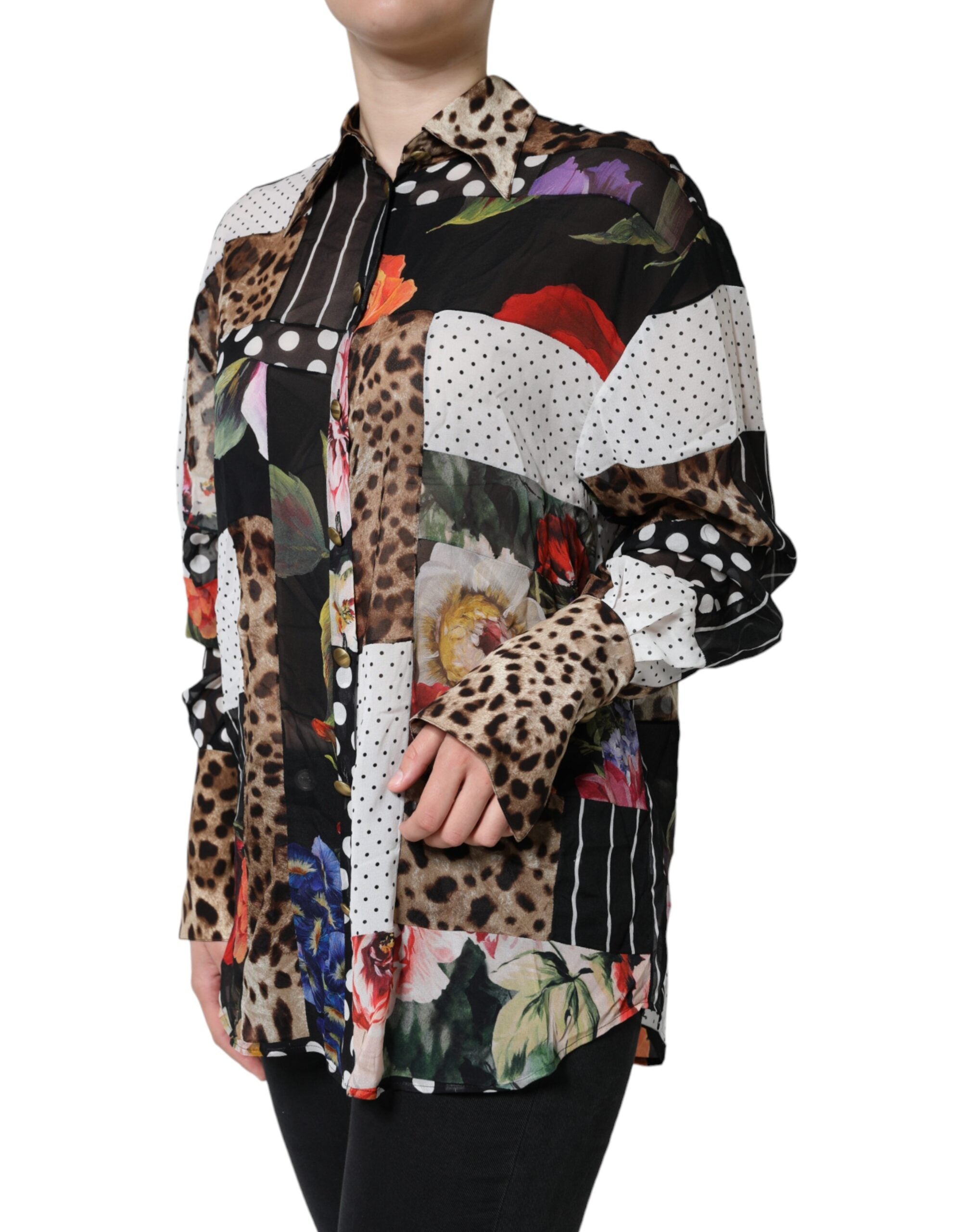 Veelkleurige patchwork zijden blouse met kraag