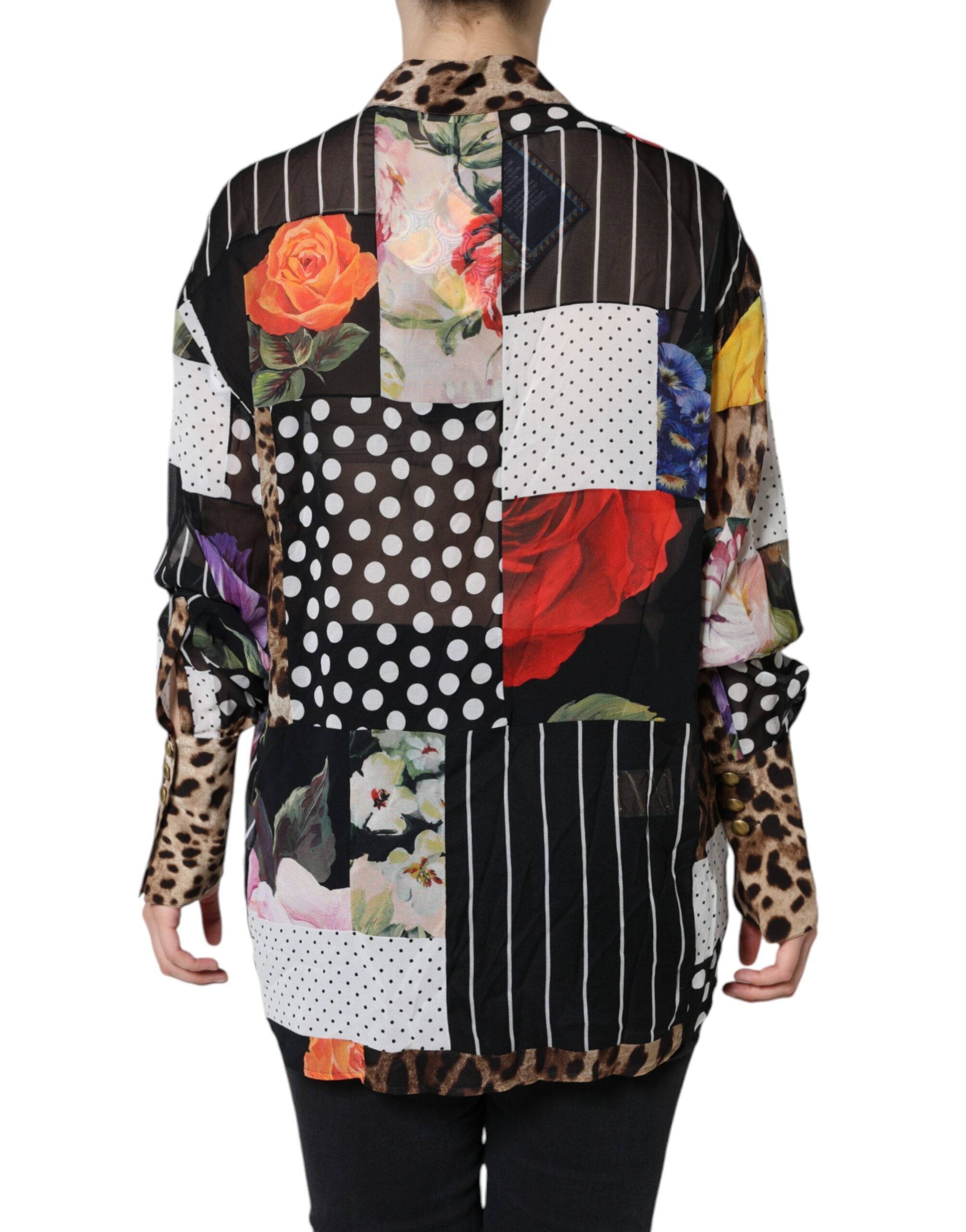 Veelkleurige patchwork zijden blouse met kraag