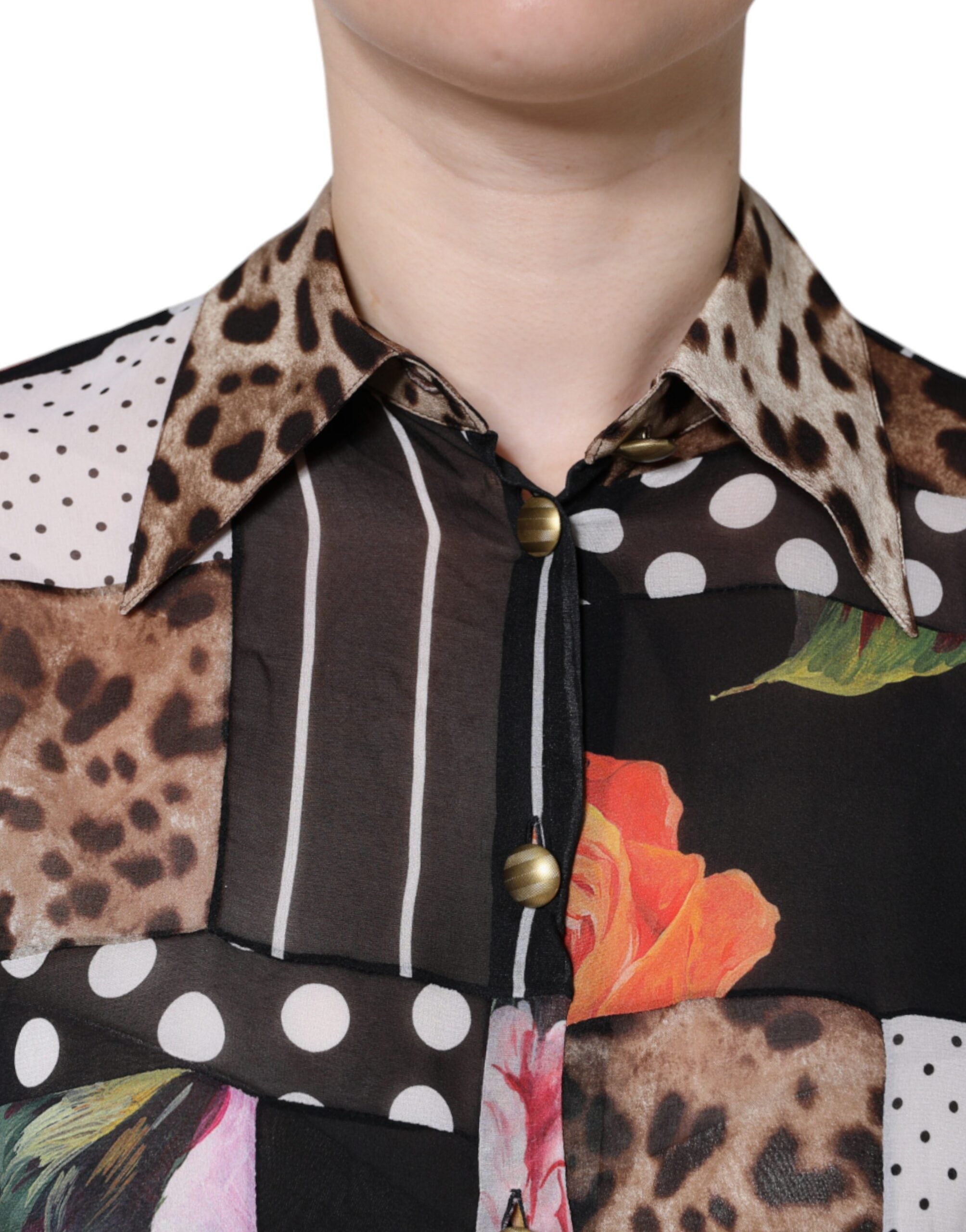 Veelkleurige patchwork zijden blouse met kraag