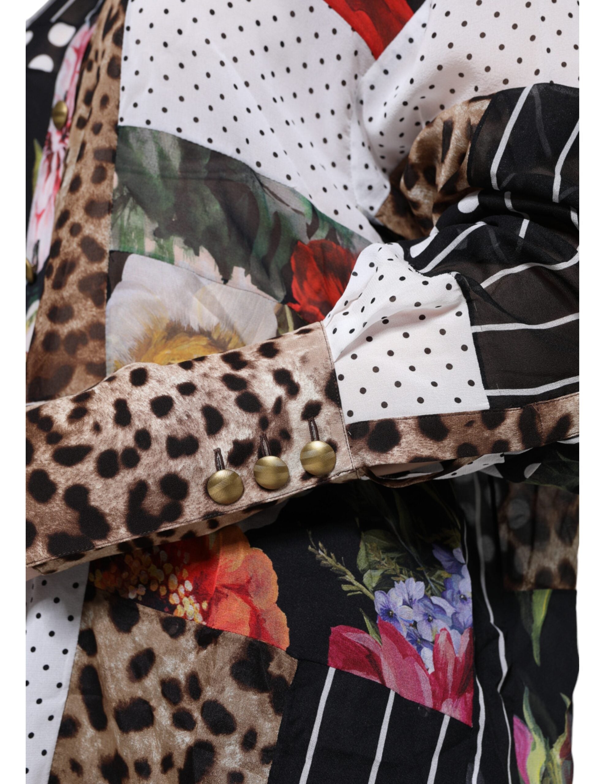 Veelkleurige patchwork zijden blouse met kraag