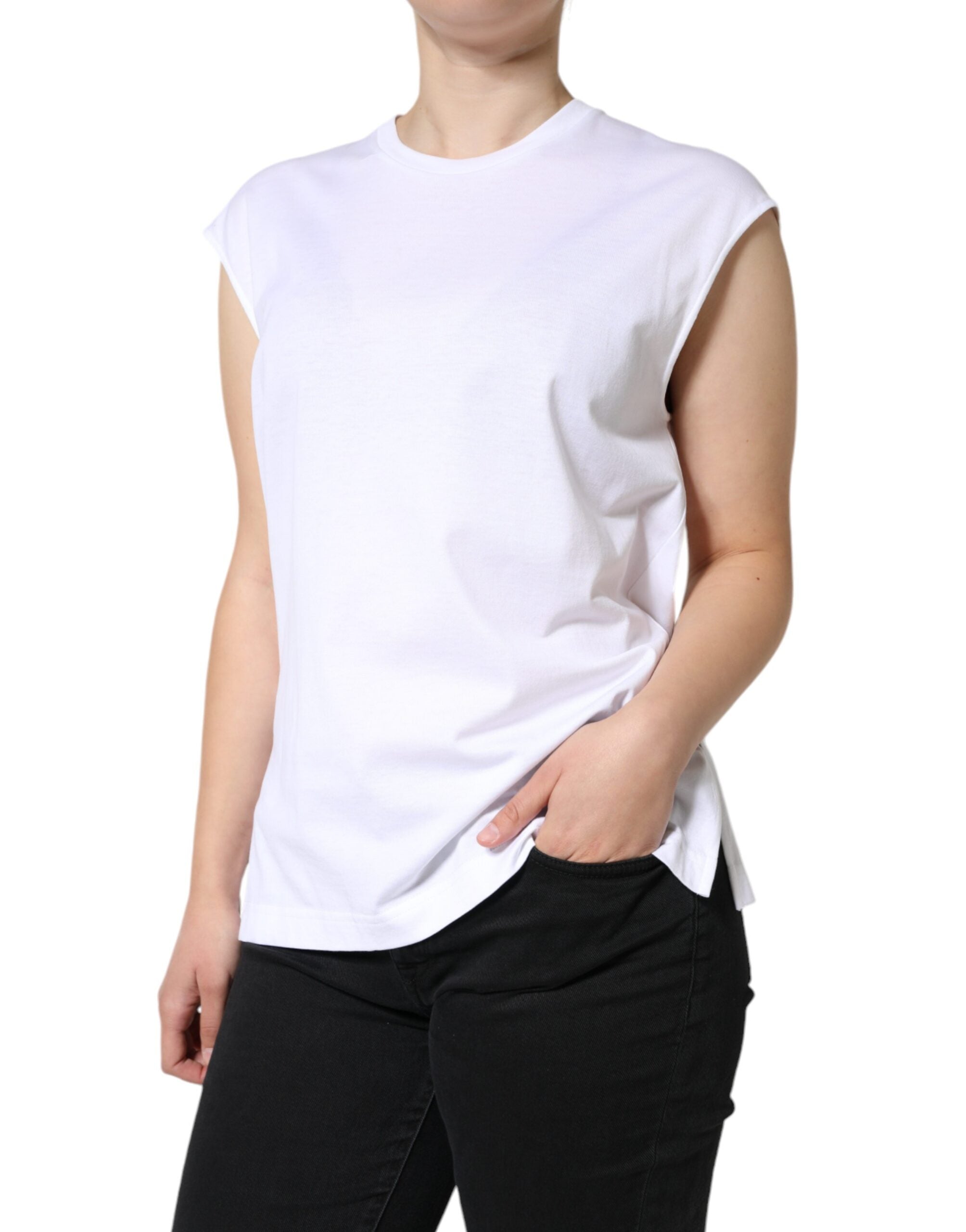Wit katoenen mouwloos T-shirt met ronde hals