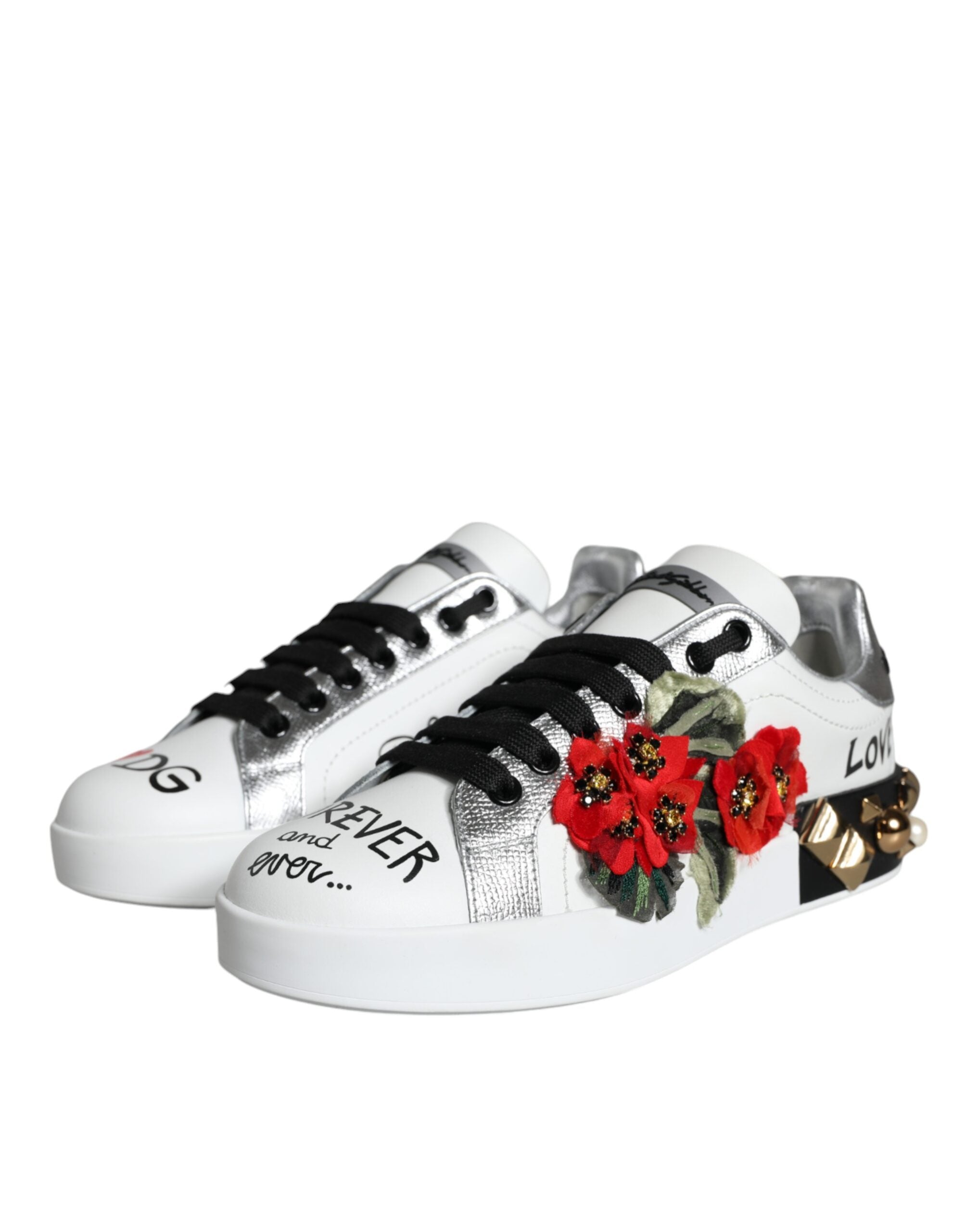 Witte leren sneakers met bloemen en studs
