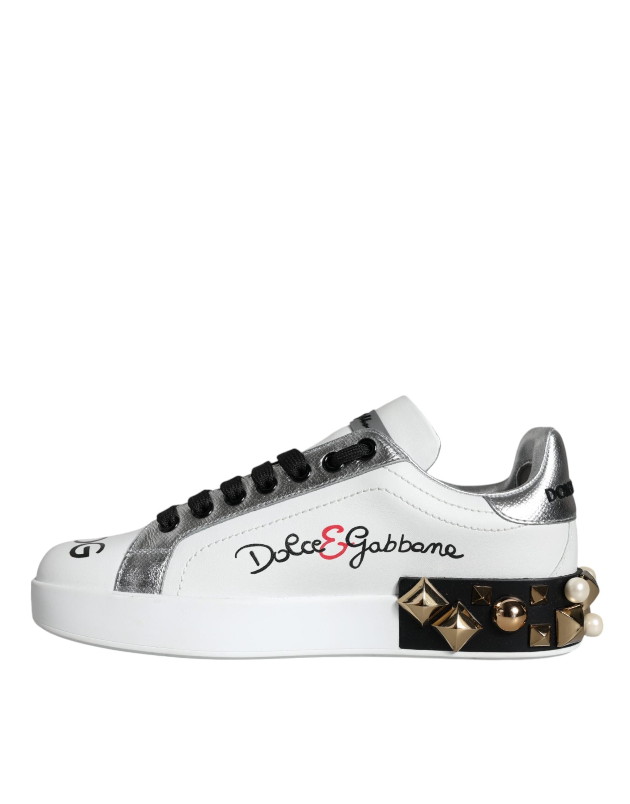 Witte leren sneakers met bloemen en studs