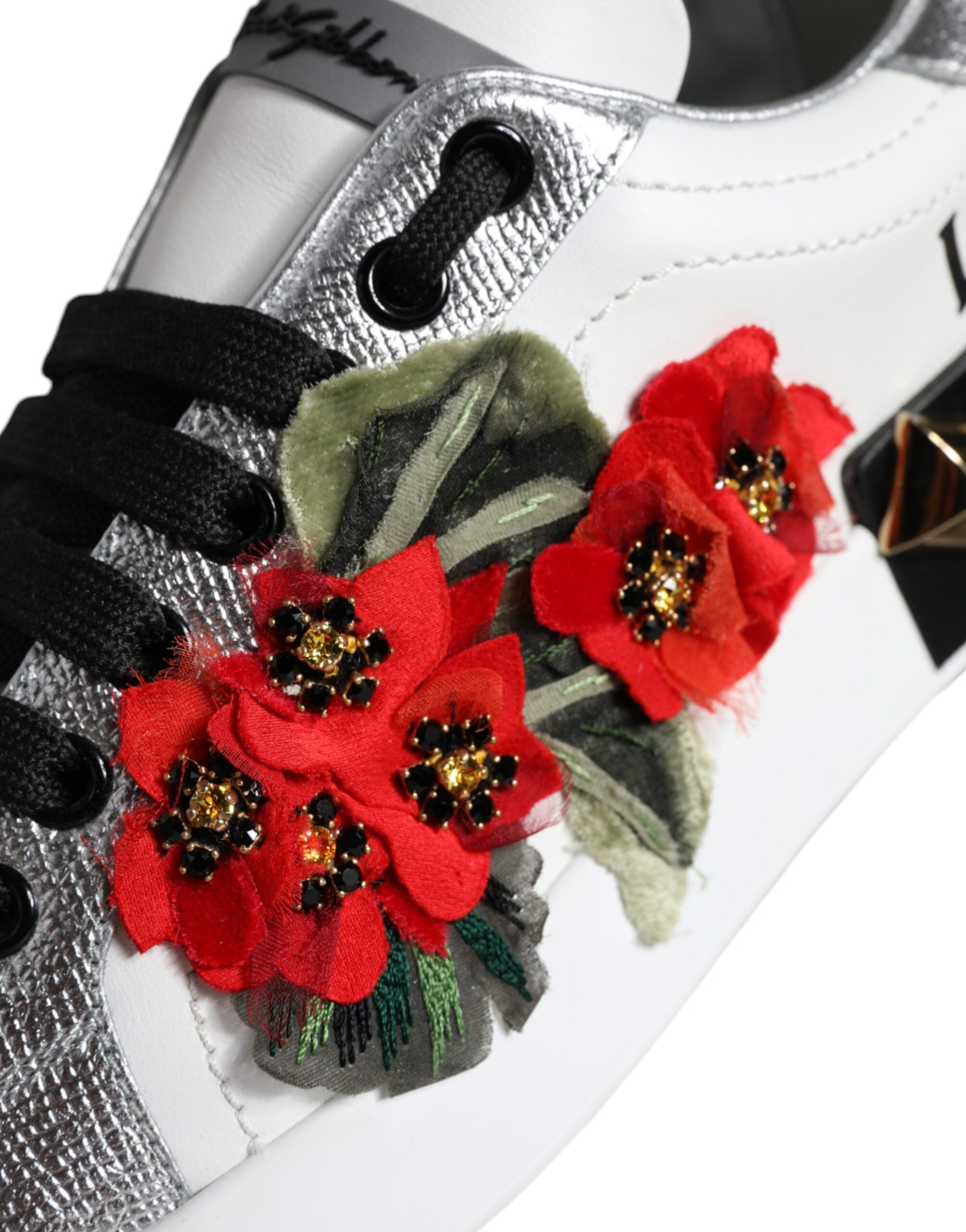 Witte leren sneakers met bloemen en studs