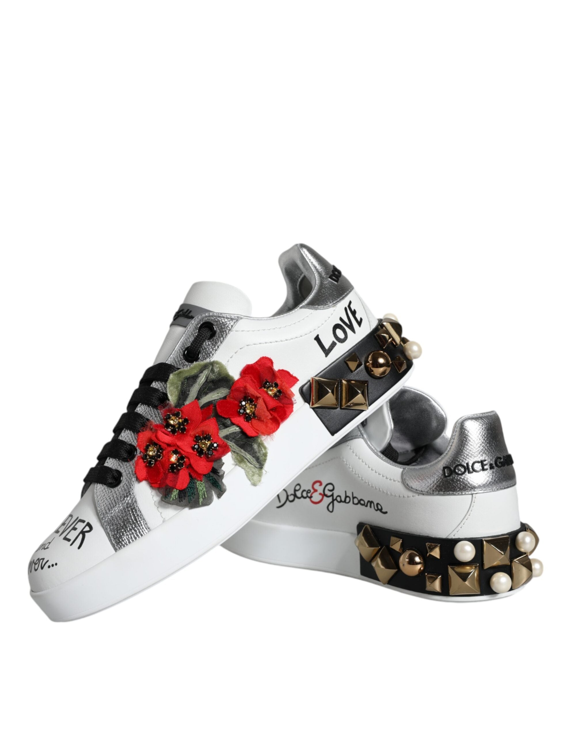 Witte leren sneakers met bloemen en studs