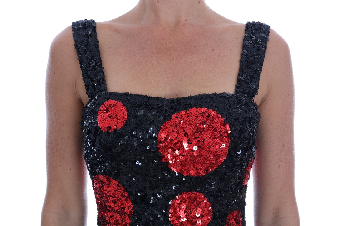 Zwarte rode polkadot pailletten shiftjurk