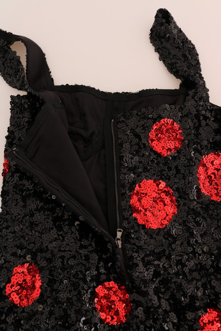 Zwarte rode polkadot pailletten shiftjurk