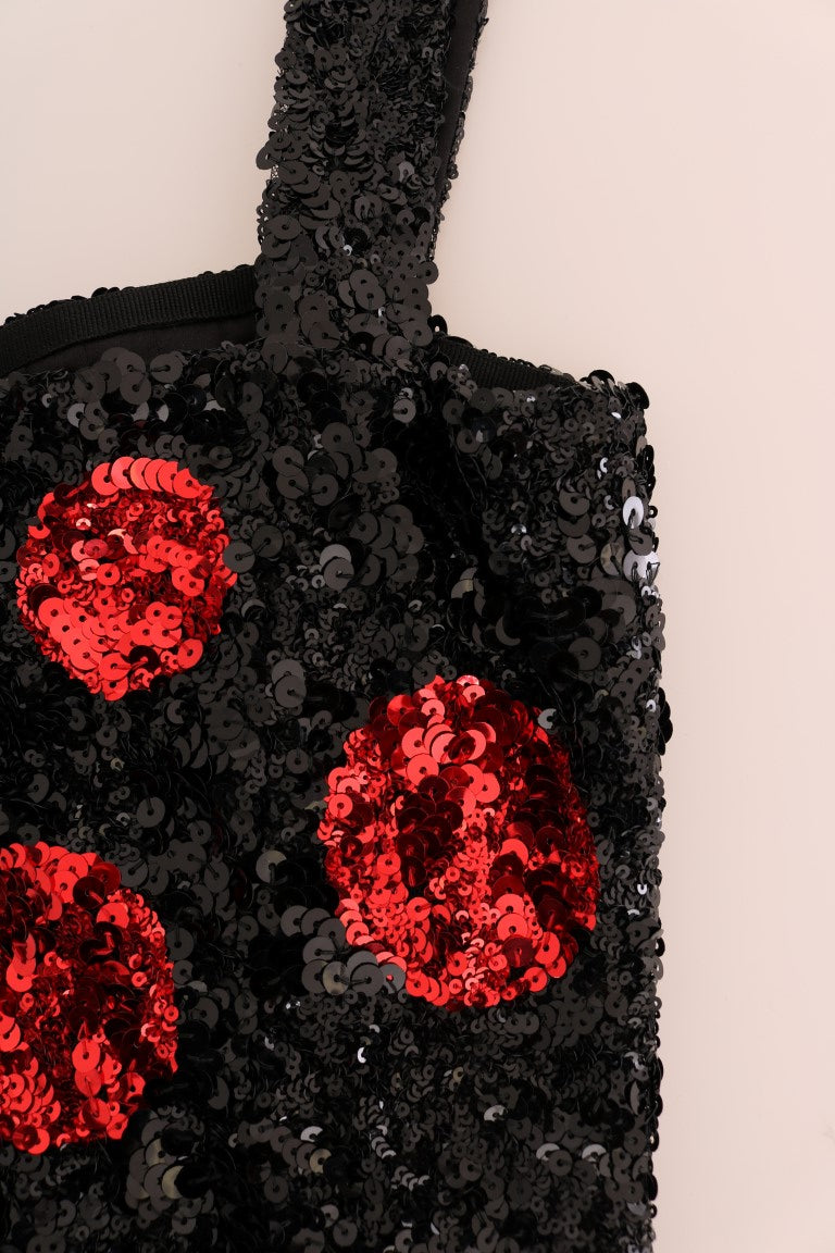 Zwarte rode polkadot pailletten shiftjurk