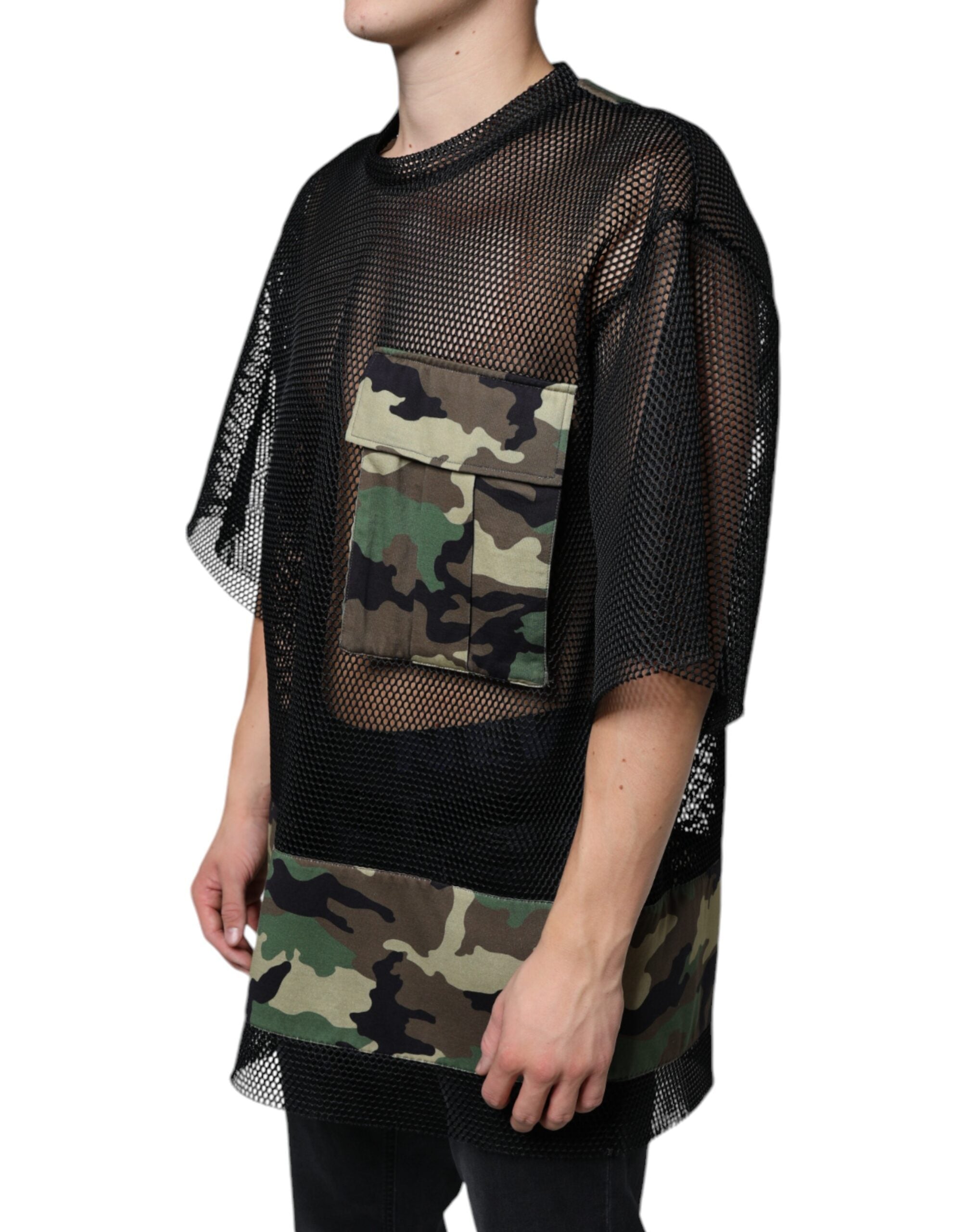 Zwart mesh camouflage T-shirt met korte mouwen
