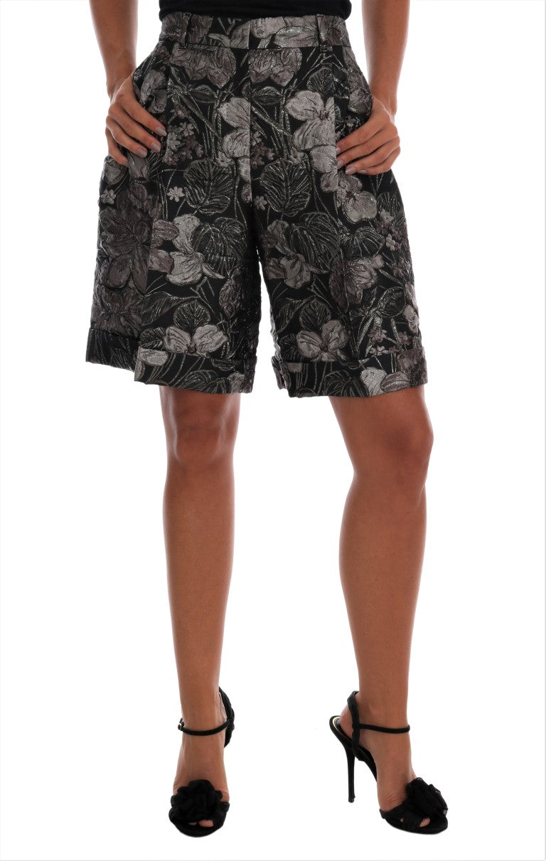 Grijze bloemenbrokaat shorts met hoge taille