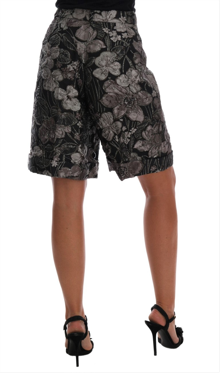 Grijze bloemenbrokaat shorts met hoge taille