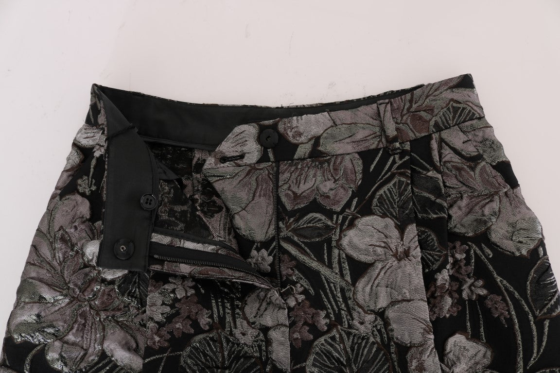 Grijze bloemenbrokaat shorts met hoge taille