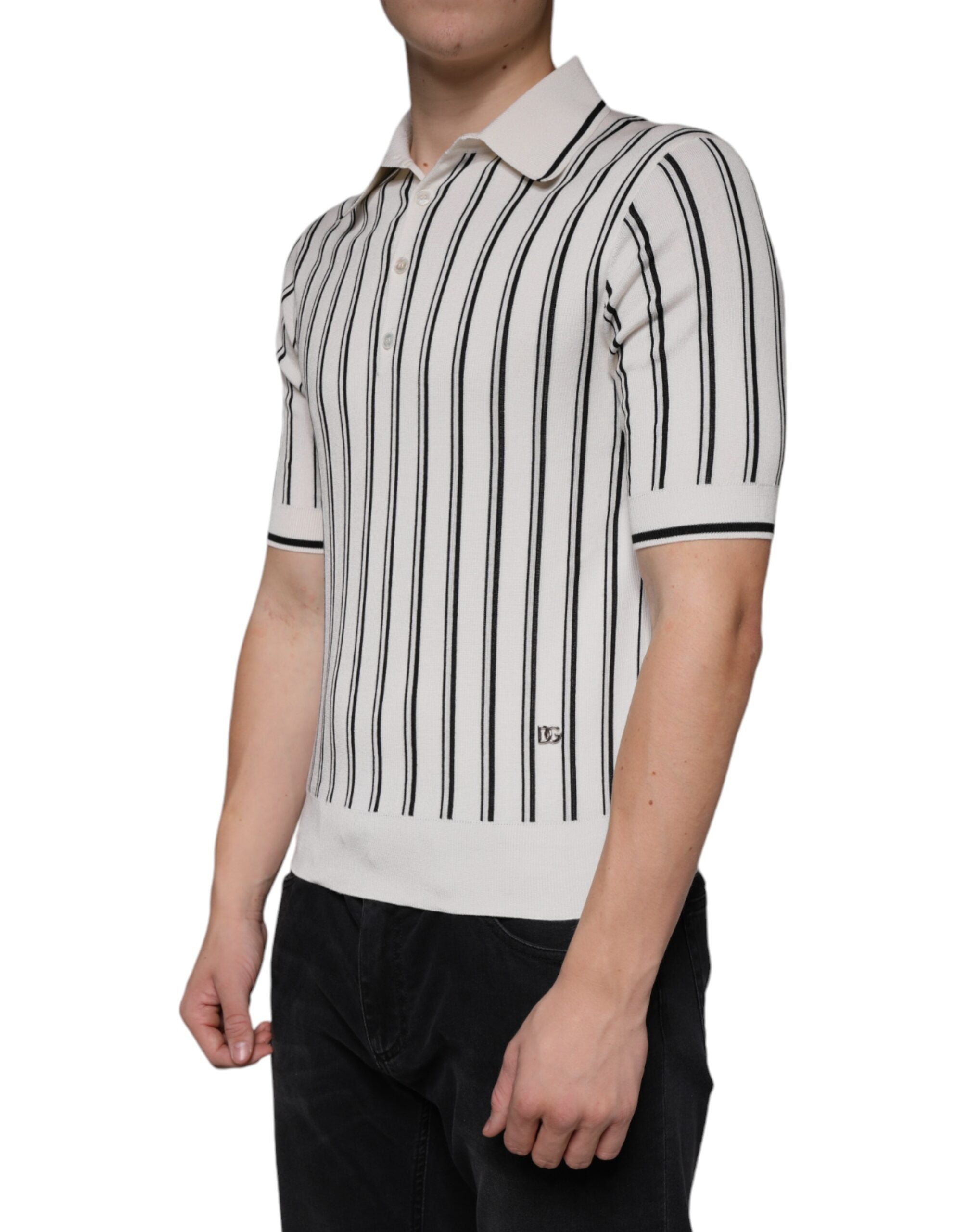 Wit zwart gestreept poloshirt met korte mouwen