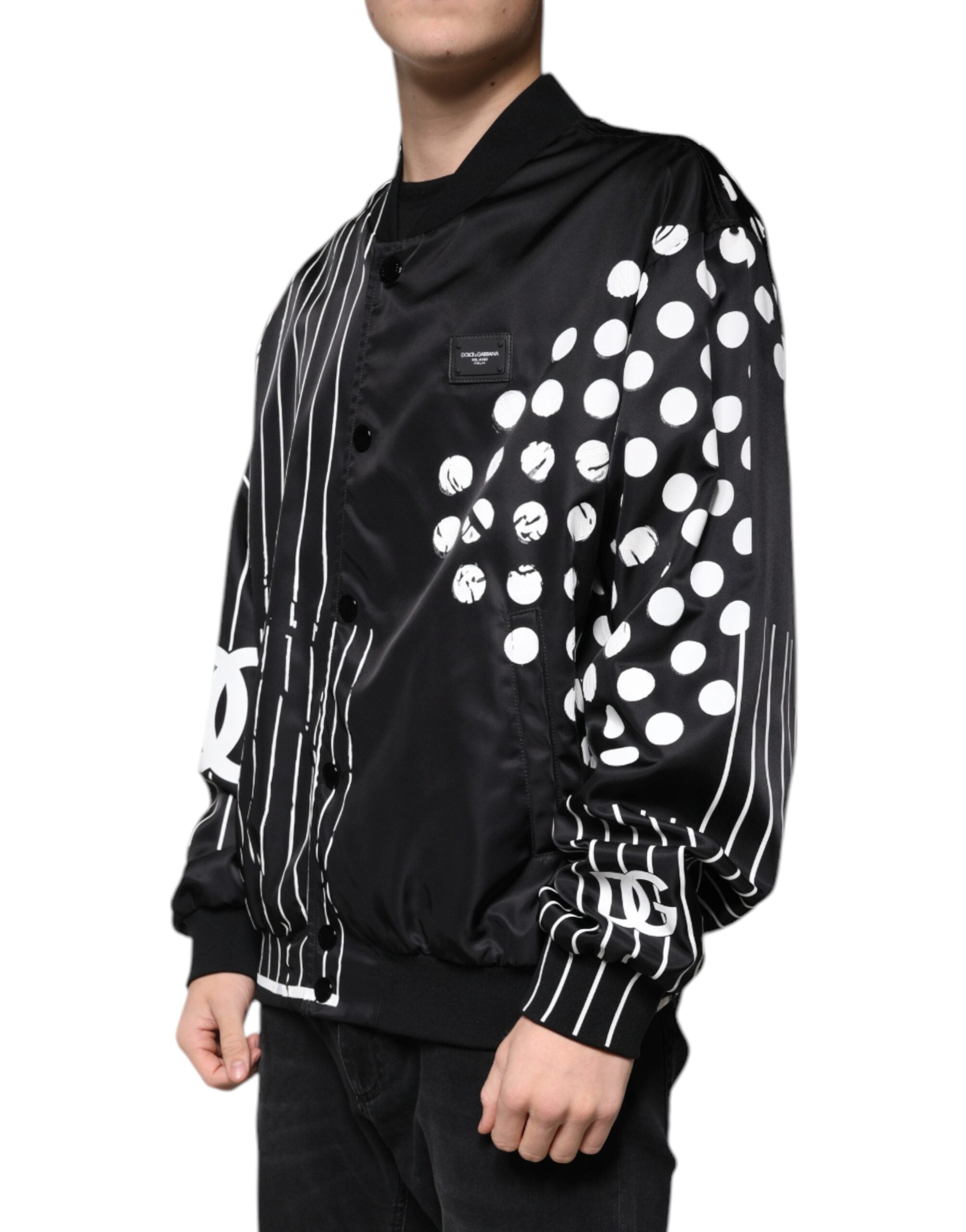 Zwarte nylon bomberjack met stippenstreep