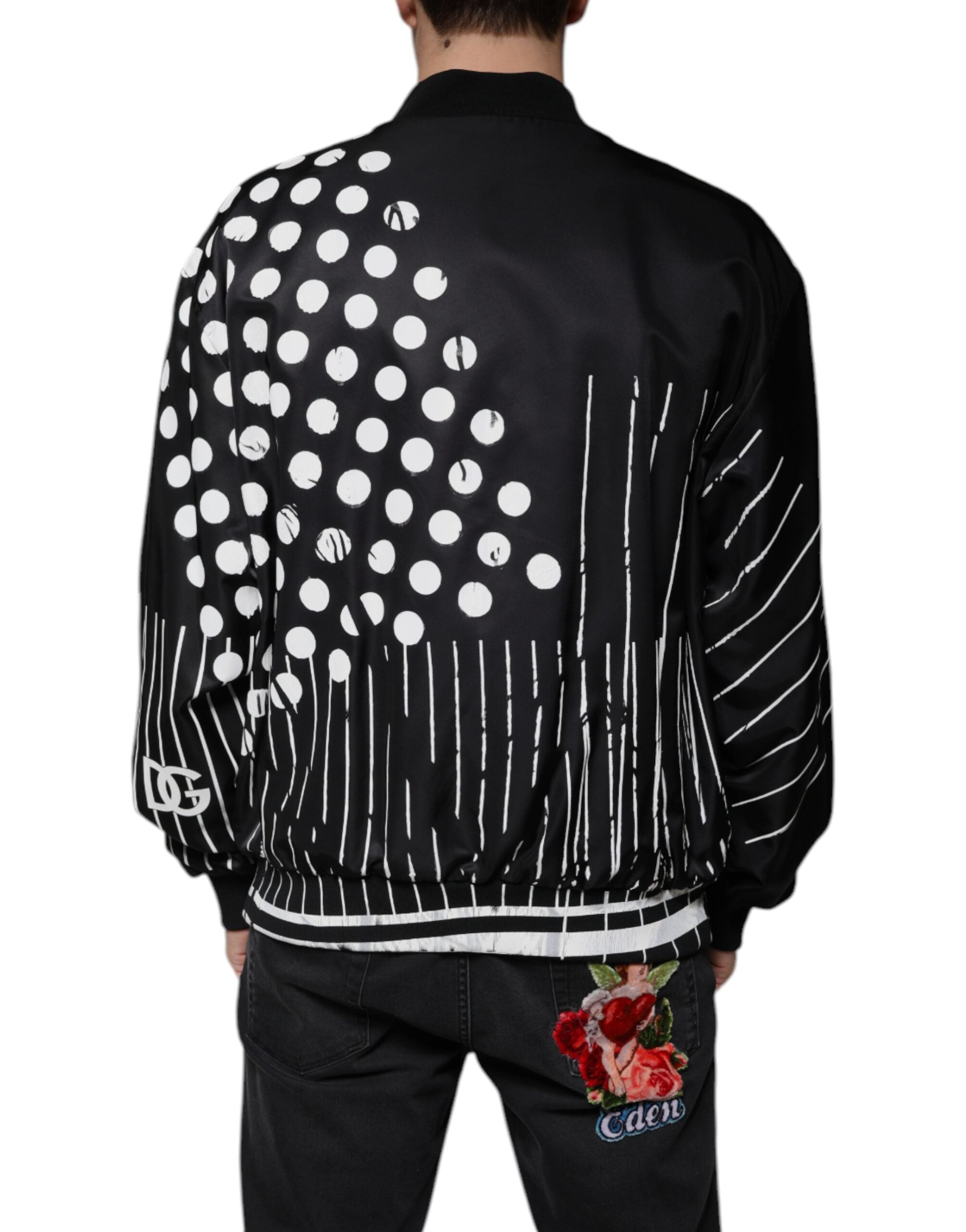 Zwarte nylon bomberjack met stippenstreep