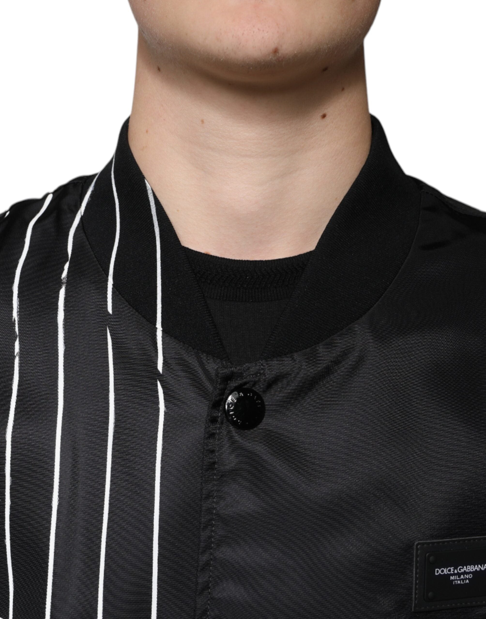 Zwarte nylon bomberjack met stippenstreep