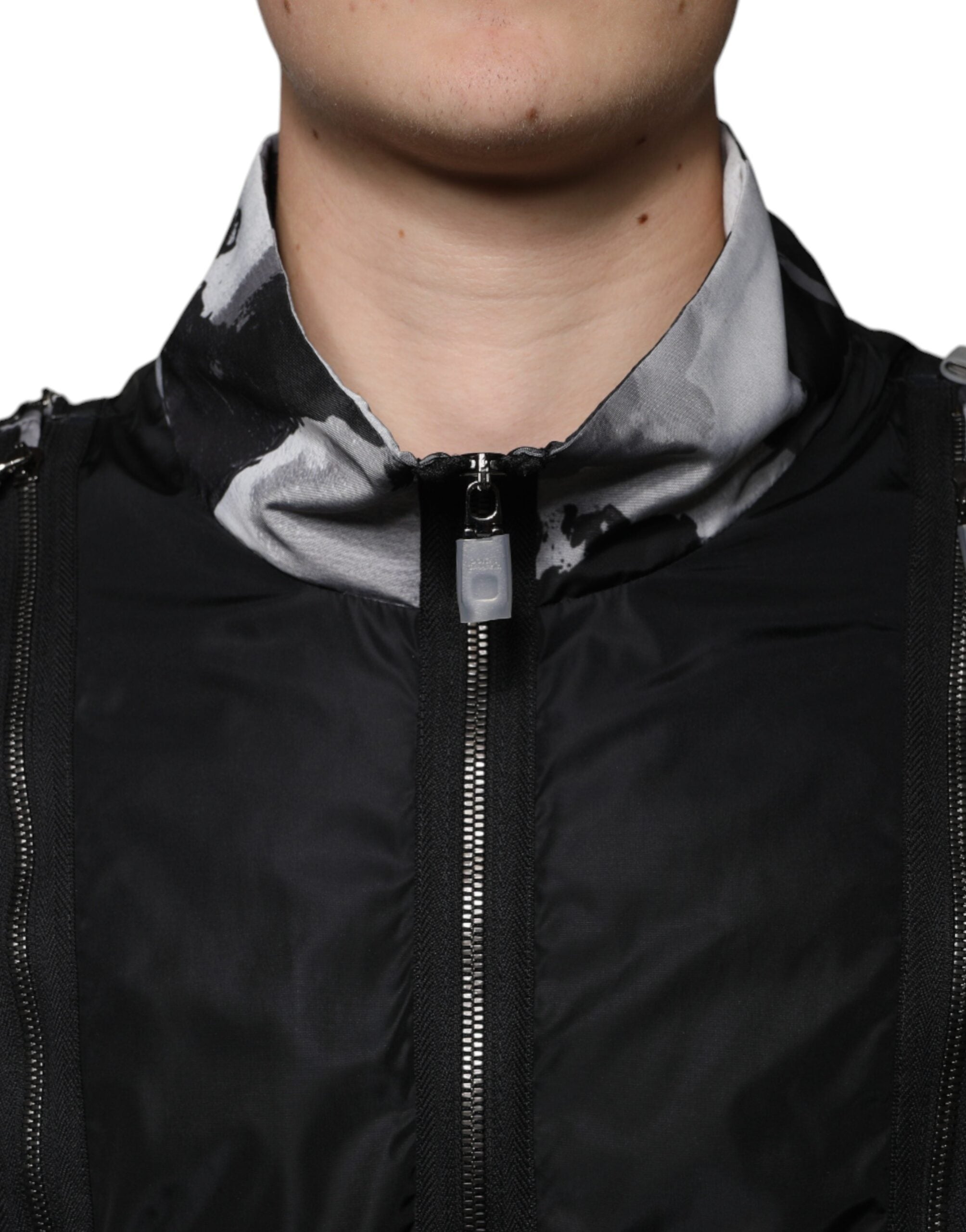 Zwarte nylon bomberjack met volledige ritssluiting voor heren