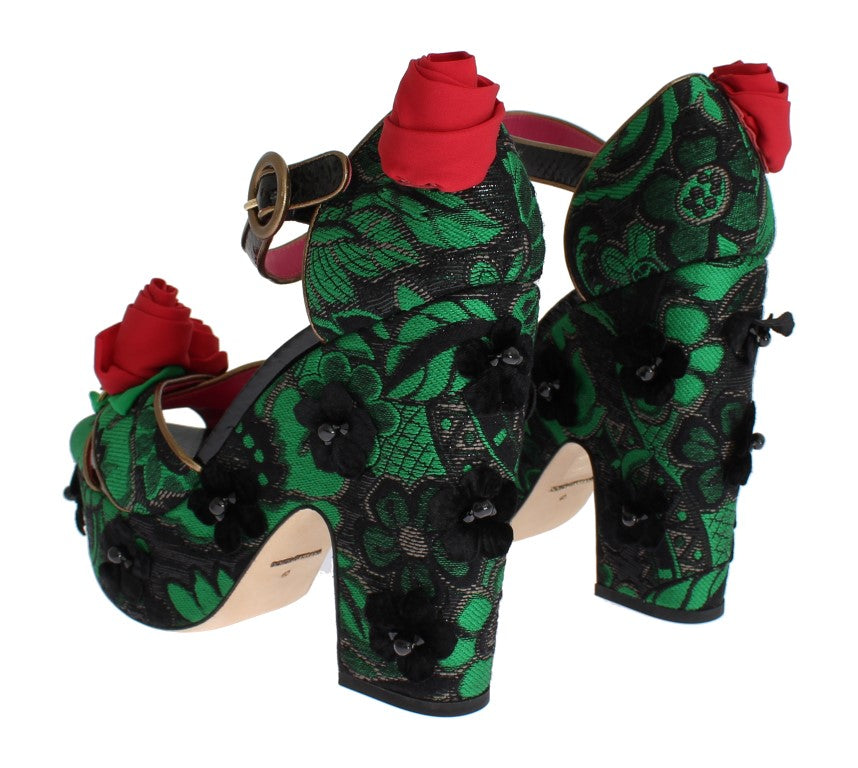 Groene brokaat slangenhuid rozen kristal schoenen