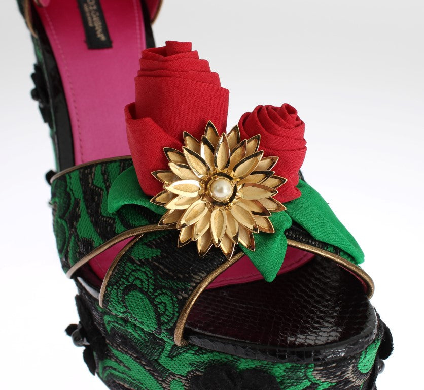 Groene brokaat slangenhuid rozen kristal schoenen
