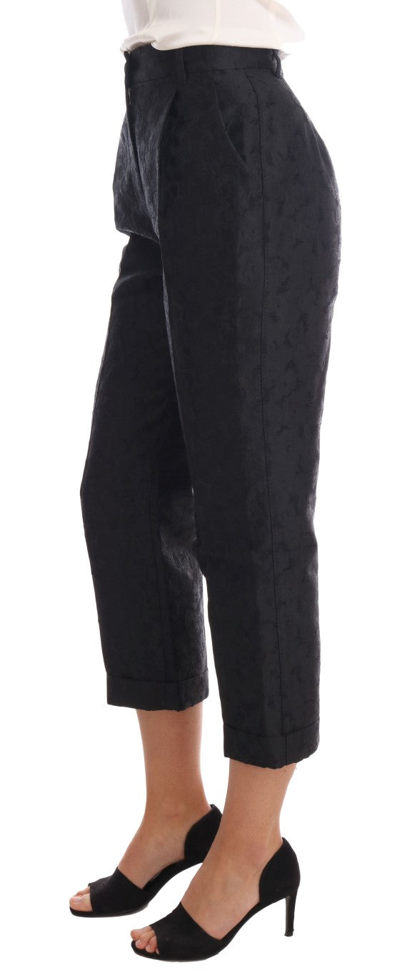 Zwarte capribroek met bloemenbrokaat