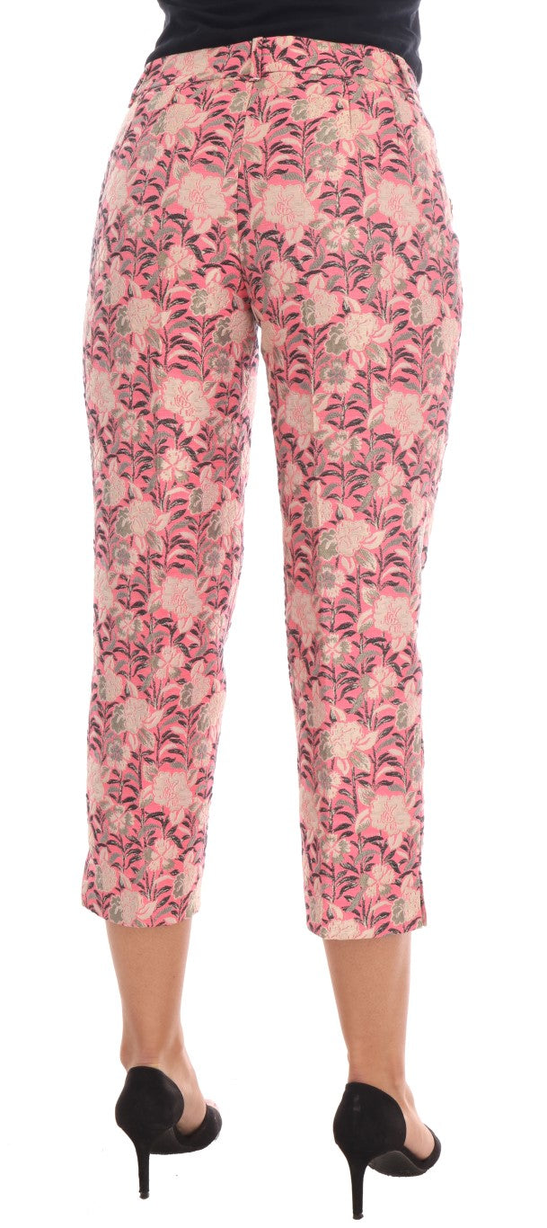 Roze bloemen brokaat capribroek