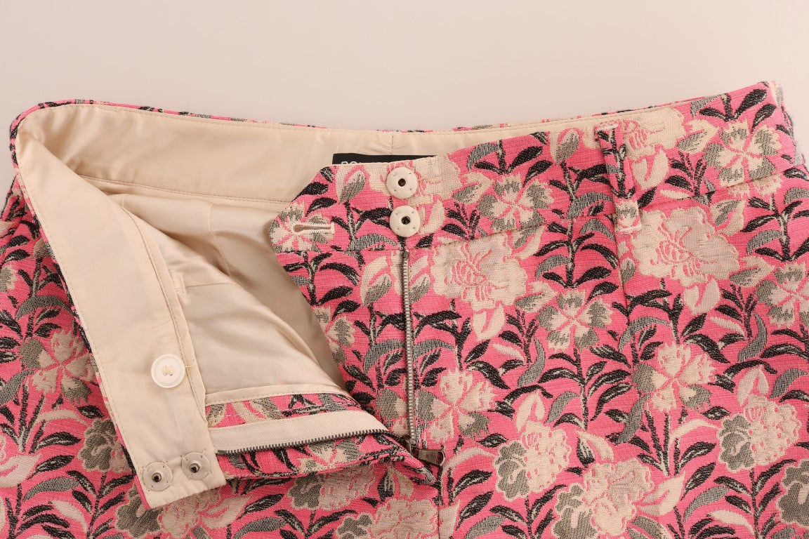 Roze bloemen brokaat capribroek